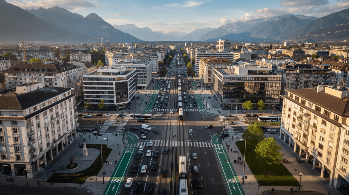 Une vue aérienne montre des rues urbaines de Grenoble, avec des pistes cyclables, des tramways et des voitures, le tout entouré par les majestueuses montagnes des Alpes. Cette image illustre la dynamique de la ville, où la location de voitures et les transports en commun coexistent harmonieusement.