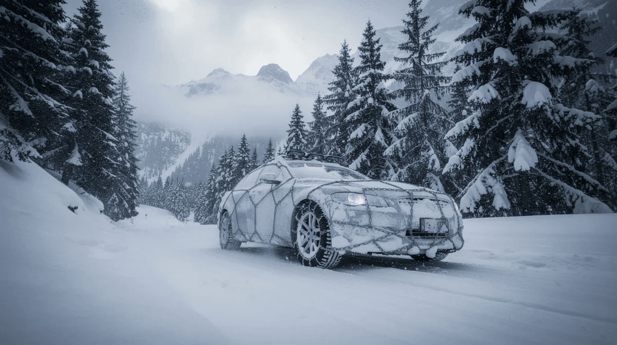 Une voiture de location équipée de chaînes à neige circule sur une route de montagne enneigée, entourée de sapins majestueux. Cette scène évoque un voyage d'hiver idéal dans les Alpes, à proximité de Grenoble.