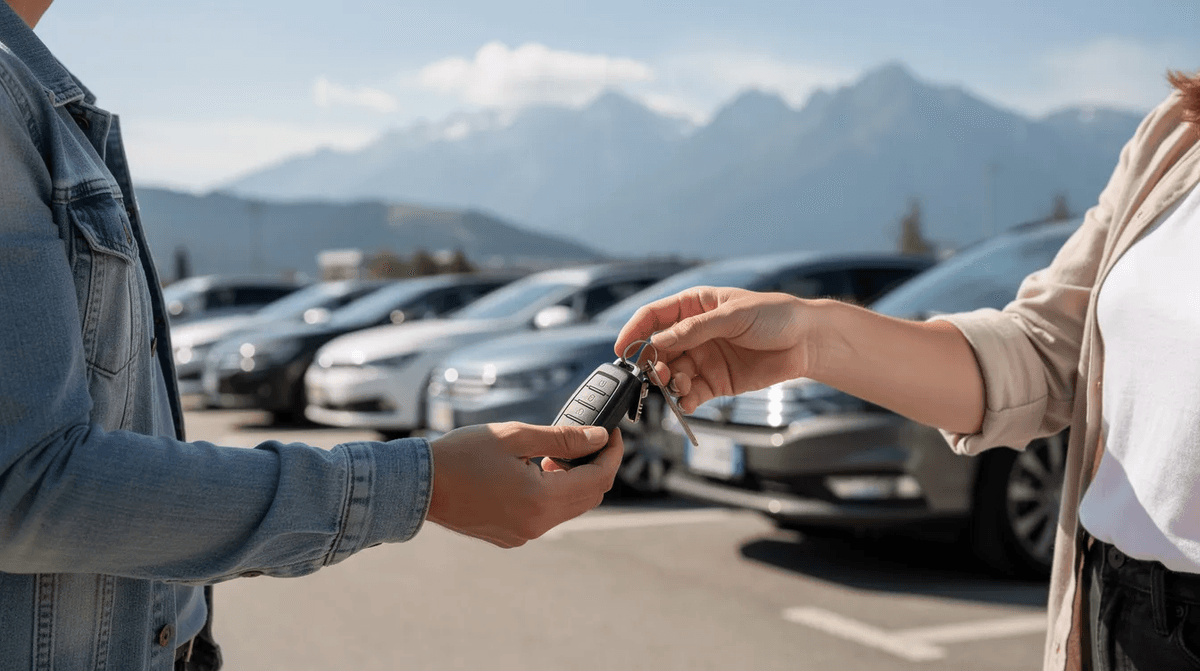 Deux personnes échangent des clés de voiture sur un parking, avec les montagnes des Alpes visibles à l'horizon. Cette scène évoque une transaction de location de voitures, idéale pour ceux qui souhaitent explorer Grenoble et ses environs.