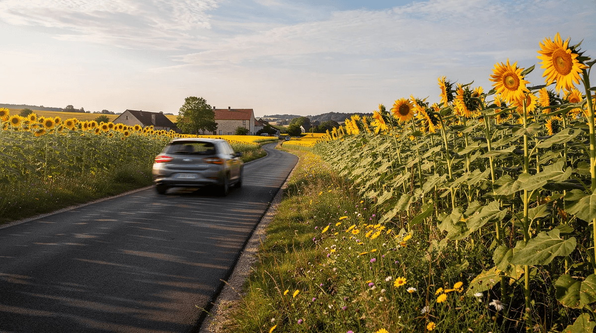 Une voiture roule sur une route de campagne française, entourée de vastes champs de tournesols, évoquant un voyage paisible et pittoresque. Cette scène est idéale pour un road trip, offrant une location de voiture avec kilométrage illimité pour explorer les magnifiques paysages de France.