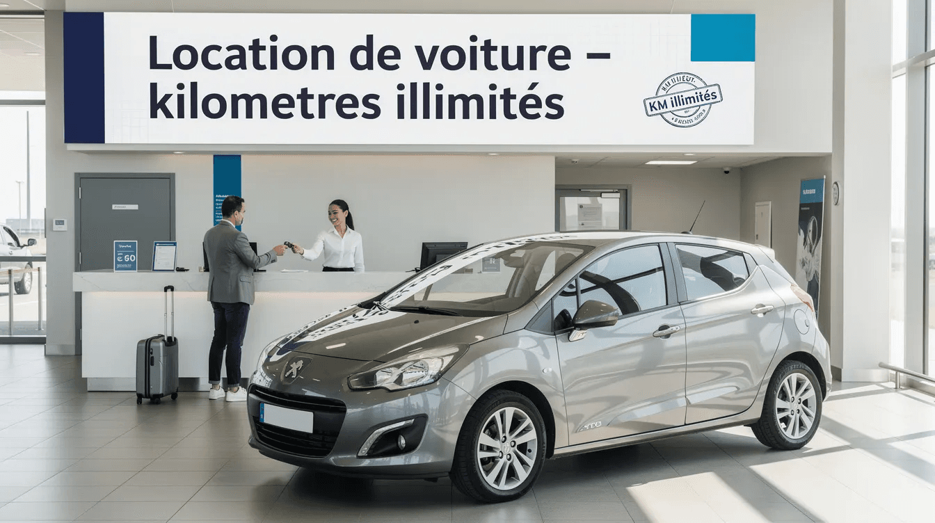 Agence de location de voiture avec kilométrage illimité, remise de clés au comptoir.