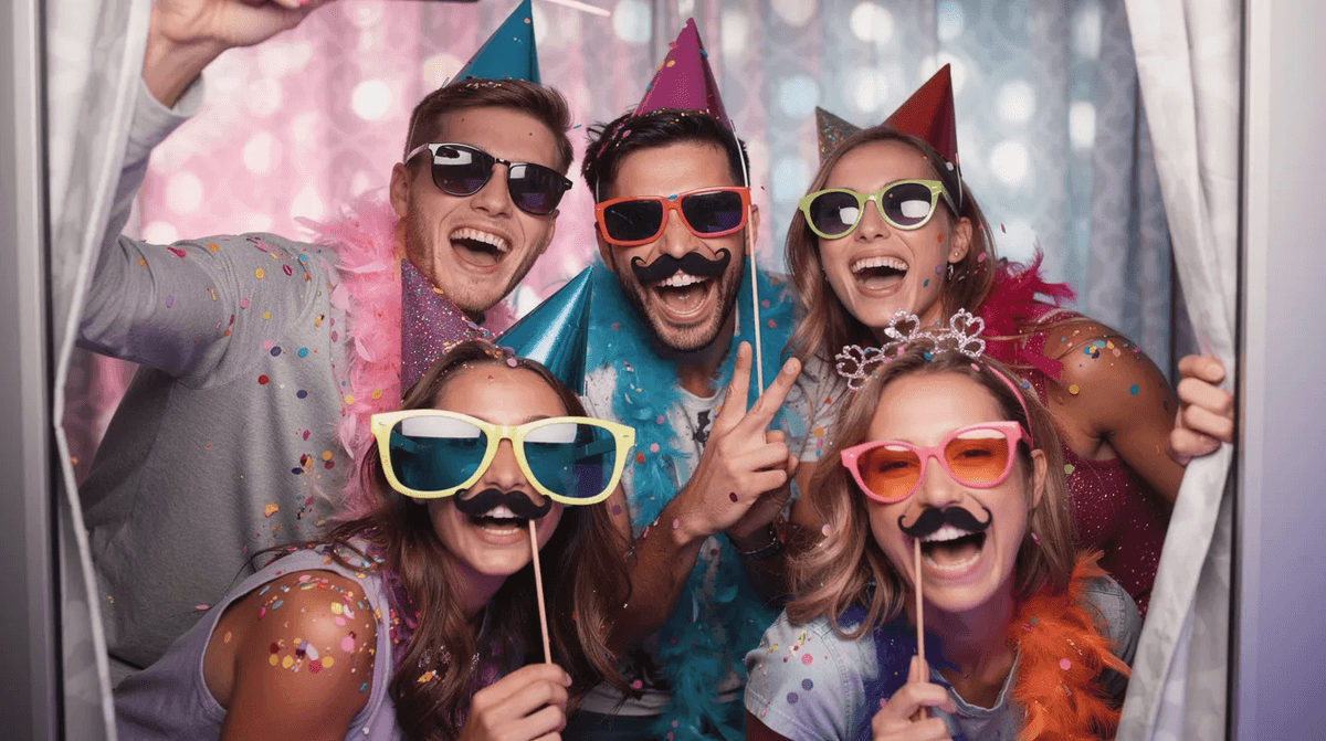Un groupe d'amis rit et pose ensemble à l'intérieur d'un photobooth, entouré de nombreux accessoires colorés et de confettis. Cette scène festive capture l'essence d'une expérience joyeuse, parfaite pour immortaliser des souvenirs lors d'événements comme des mariages ou des anniversaires.