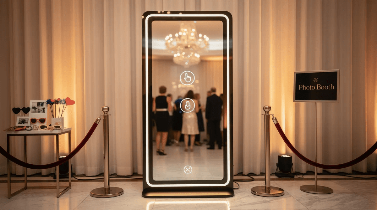 Un élégant photobooth moderne en miroir est installé dans un lieu luxueux, baigné d'une douce lumière. Cet espace est conçu pour offrir une expérience mémorable aux invités, leur permettant de capturer des souvenirs lors d'événements tels que mariages ou anniversaires.