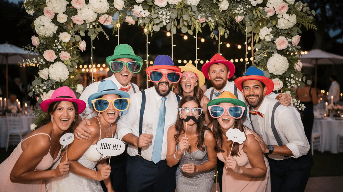 Des invités de mariage portent des chapeaux amusants et de grandes lunettes tout en posant devant un photobooth ouvert, décoré de fleurs. L'ambiance est joyeuse et festive, parfaite pour capturer des souvenirs mémorables lors de cet événement.