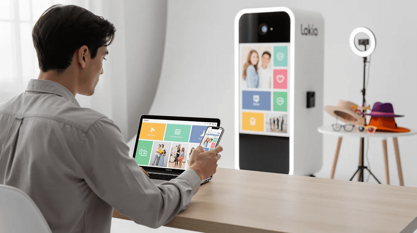 Opérateur configurant un photobooth Lokio via laptop et smartphone lors d'un événement.