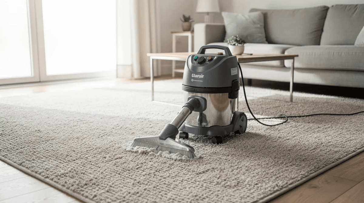 Une shampouineuse professionnelle est placée sur un grand tapis de salon, dans un intérieur lumineux, prête pour le nettoyage en profondeur des moquettes et textiles. Cet appareil, idéal pour l'entretien des surfaces, témoigne de la qualité et de l'efficacité des modèles disponibles en location.