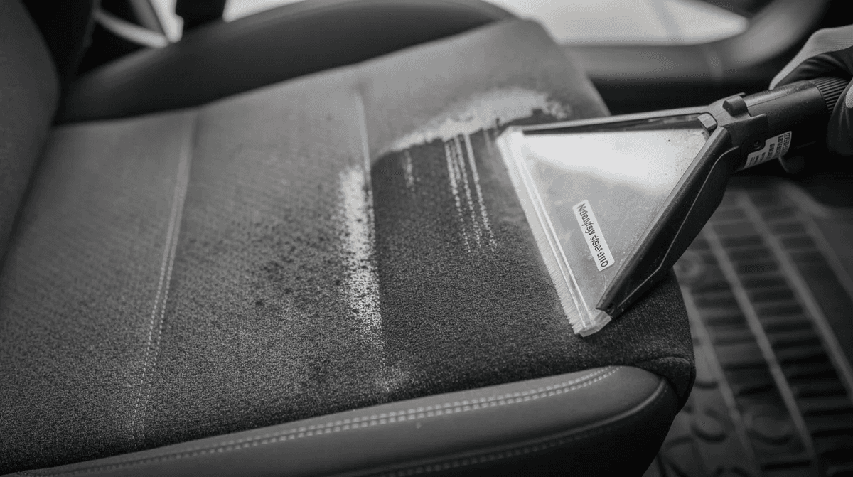 L'image montre un siège de voiture en tissu en cours de nettoyage avec une shampouineuse, utilisant un embout spécifique pour traiter les surfaces en profondeur. On peut voir des bulles de produit de nettoyage, témoignant de l'efficacité de l'appareil dans l'entretien des textiles.