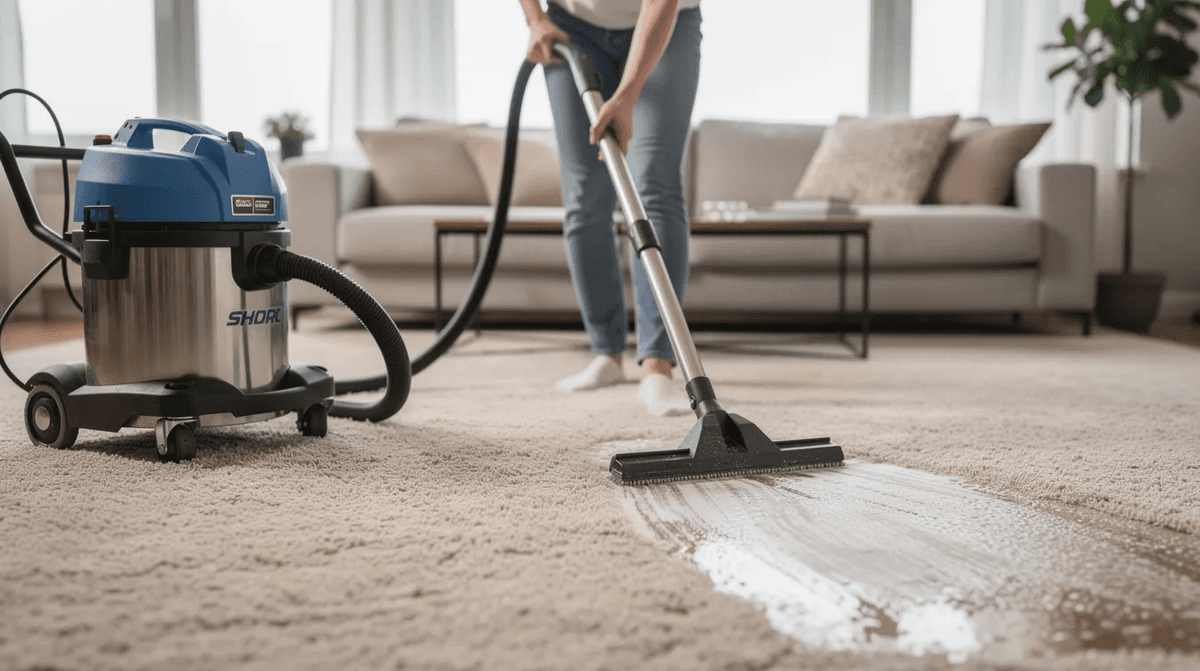 Une personne est en train de nettoyer un grand tapis beige dans un salon à l'aide d'une shampouineuse traîneau, mettant en avant le processus de nettoyage en profondeur des textiles. L'appareil semble efficace pour éliminer les taches et rafraîchir la moquette.