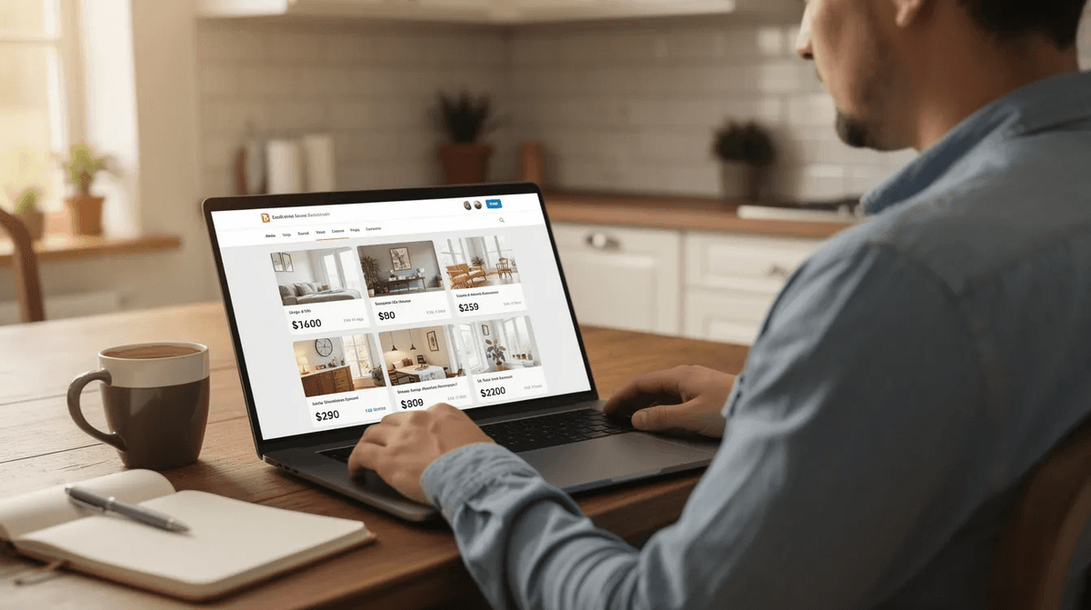 Une personne est assise à une table de cuisine, consultant un ordinateur portable pour comparer des offres de location de shampouineuses en ligne, afin de trouver le meilleur modèle pour le nettoyage de tapis et moquettes. Des documents et des notes sont éparpillés autour d'elle, témoignant de sa recherche minutieuse d'informations sur les prix et les avis des particuliers.