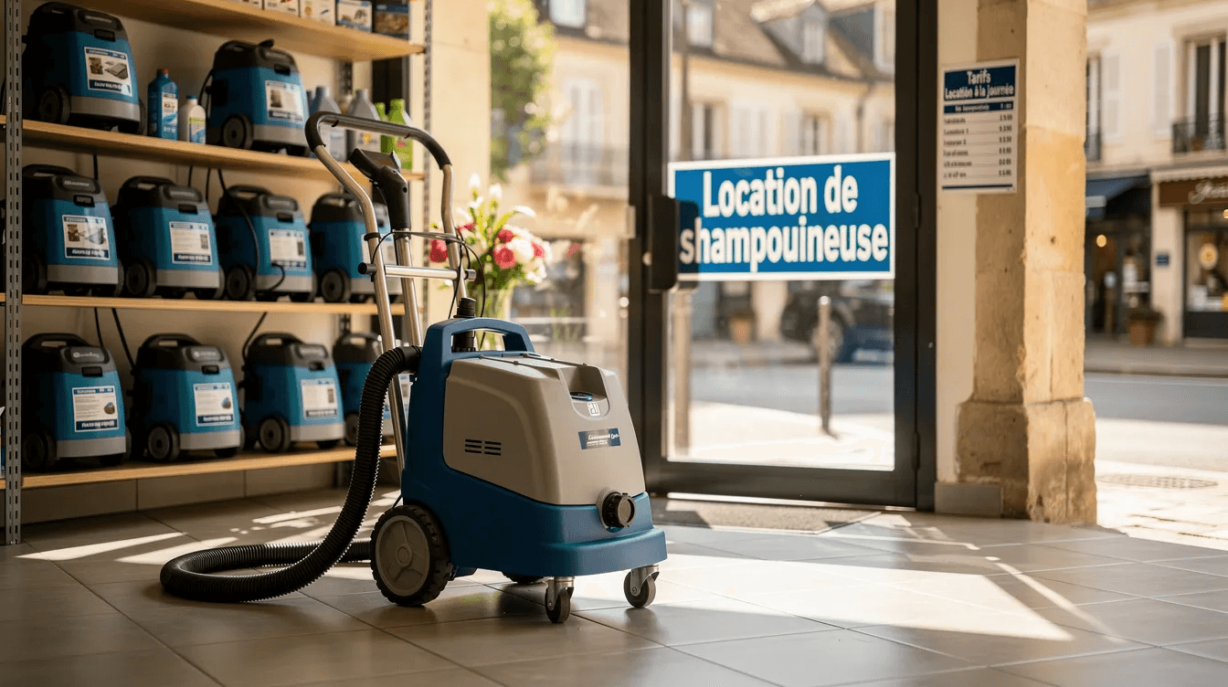 Magasin de location de shampouineuse avec appareils professionnels exposés en vitrine.