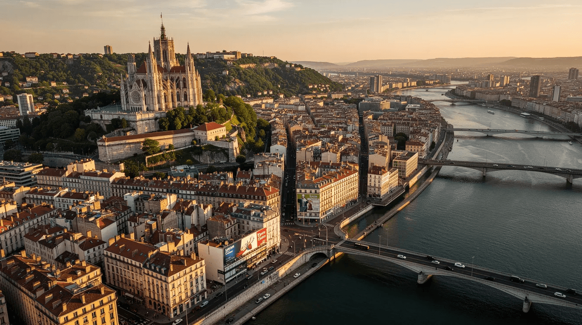 Une vue aérienne de Lyon montre le Rhône et la Saône se rejoignant au pied de la colline de Fourvière, avec des bâtiments historiques et des espaces verts visibles autour des rivières. Cette image illustre la beauté de la ville, idéale pour ceux qui envisagent une location de voiture à Lyon pour explorer ses nombreux sites.