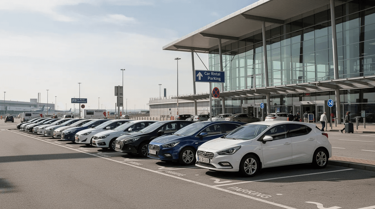 Un parking de location de voitures est visible à côté d'un terminal d'aéroport, avec plusieurs véhicules alignés, prêts pour la prise en charge des clients. Ce lieu, situé près de l'aéroport de Lyon Saint Exupéry, offre diverses options de voitures à louer pour les voyageurs.