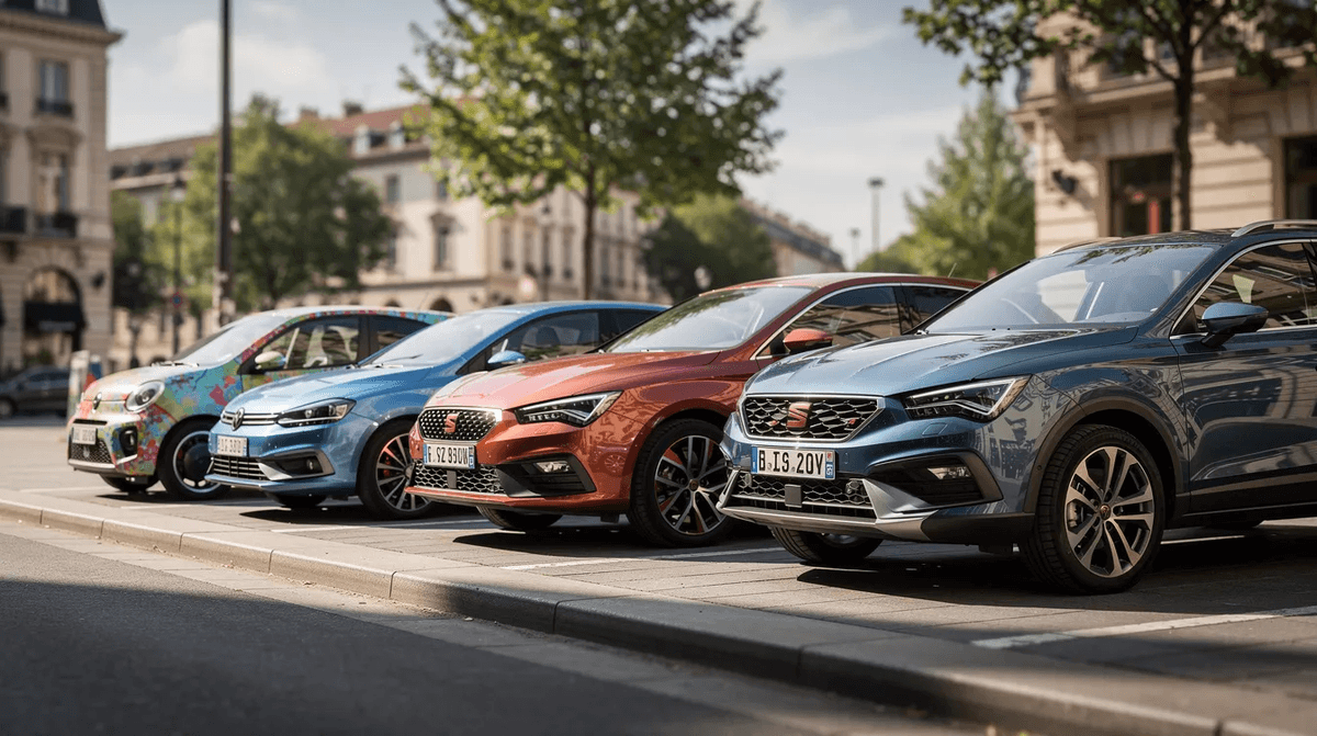 L'image montre différents types de voitures garées côte à côte, allant des petits modèles urbains aux SUV familiaux, illustrant ainsi la diversité des véhicules disponibles pour la location de voiture à Lyon. On peut apercevoir des voitures de différentes catégories, adaptées à tous les besoins de déplacement, que ce soit pour un voyage d'affaires ou des vacances en famille.
