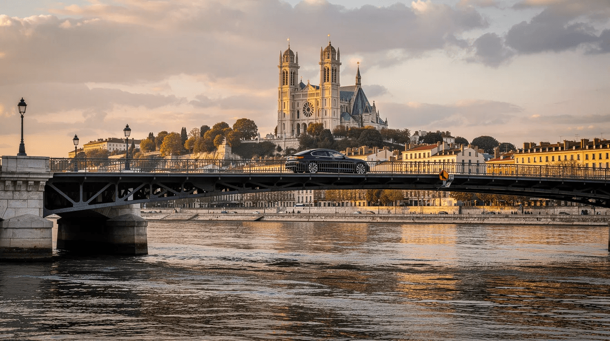 Une voiture traverse un pont au-dessus de la Saône à Lyon, avec la majestueuse basilique de Fourvière en arrière-plan. Cette scène évoque le charme de la ville et pourrait inciter à louer une voiture pour explorer les alentours de Lyon.