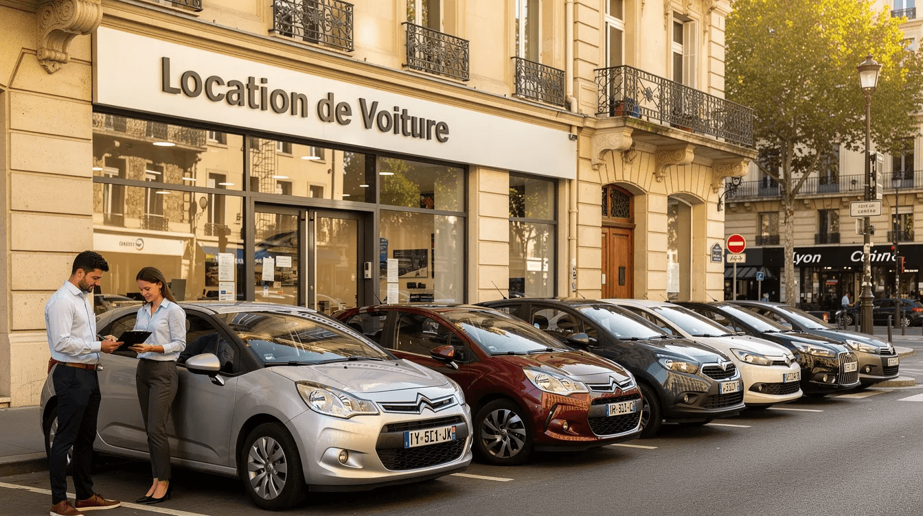 Agence de location de voitures à Lyon avec plusieurs Citroën garées devant la façade.