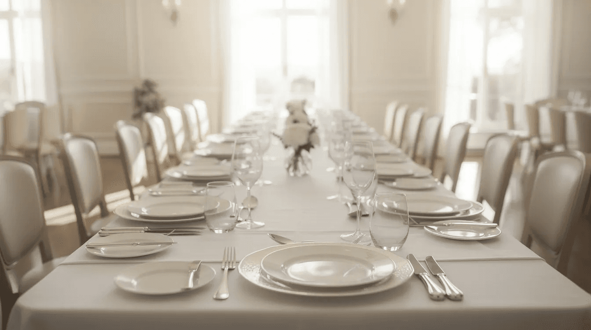 Une longue table de réception est élégamment dressée avec des assiettes blanches, des verres à vin et des couverts argentés, le tout dans une salle lumineuse qui évoque une ambiance festive. Cet agencement est parfait pour des événements tels que des mariages ou des anniversaires, illustrant l'expertise en location de matériel à Brest.