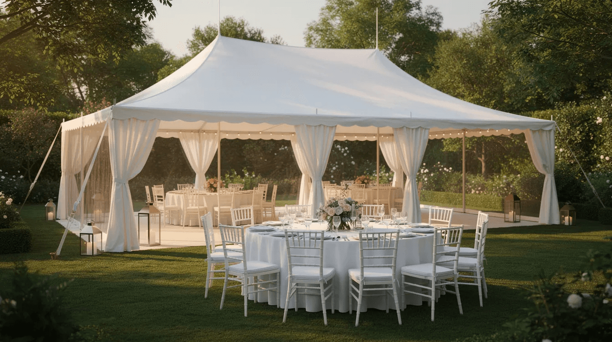 Un barnum blanc élégant est installé dans un jardin verdoyant, où des tables sont soigneusement dressées pour une réception en plein air. Cet espace est idéal pour des événements tels que des mariages ou des anniversaires, offrant une atmosphère raffinée et accueillante.