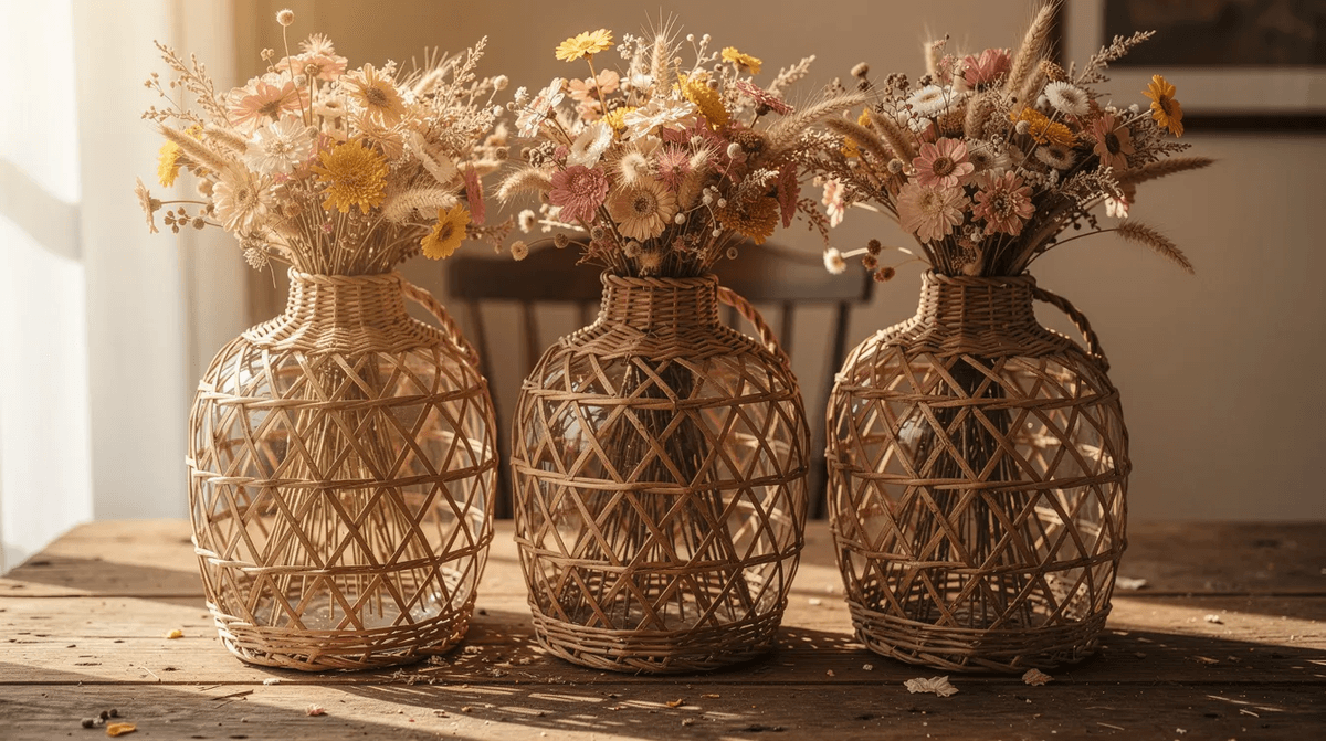 Trois dame-jeannes en osier, ornées de fleurs séchées, sont délicatement disposées sur une table en bois rustique, créant une ambiance chaleureuse et accueillante, idéale pour des réceptions à Brest. Cette décoration évoque une touche artisanale, parfaite pour des événements comme des mariages ou des anniversaires.