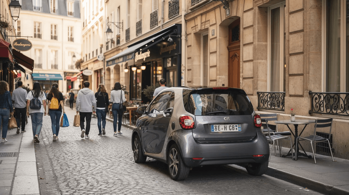 Une petite voiture, probablement un SUV comme une Nissan Qashqai, est garée dans une rue piétonne d'une ville française, entourée de passants qui se déplacent tranquillement. Cette scène évoque une ambiance de vie urbaine, idéale pour ceux qui envisagent une location de voiture à la journée pour explorer la ville.