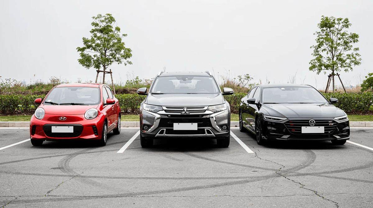 Dans un parking extérieur, trois types de voitures sont alignées : une petite citadine rouge, un SUV gris et une berline noire. Ce tableau illustre les options variées pour la location de voiture à la journée, adaptées à différents besoins de déplacements.