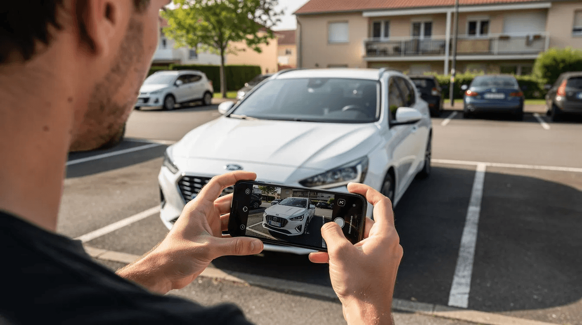 Une personne prend une photo de l'avant d'une voiture blanche, probablement un SUV comme un Nissan Qashqai, avec son smartphone dans un parking résidentiel. Cette image évoque la facilité de la location de voiture à la journée pour des déplacements pratiques.