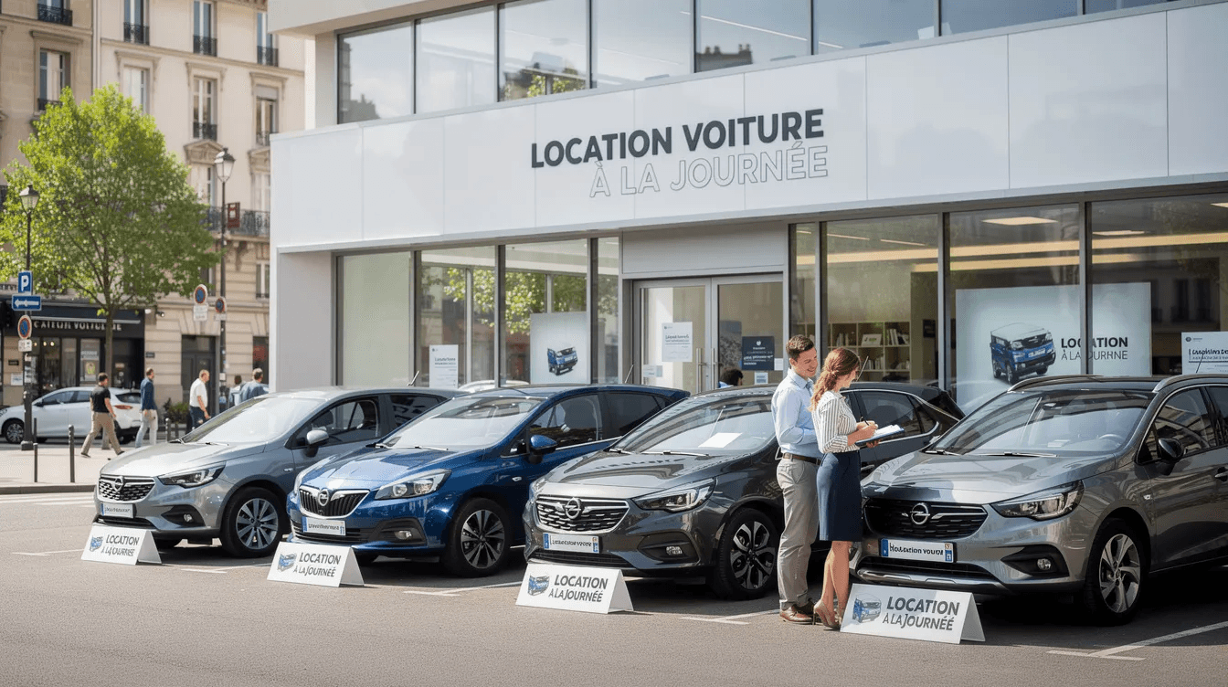 Agence de location voiture à la journée avec plusieurs modèles Opel garés devant.