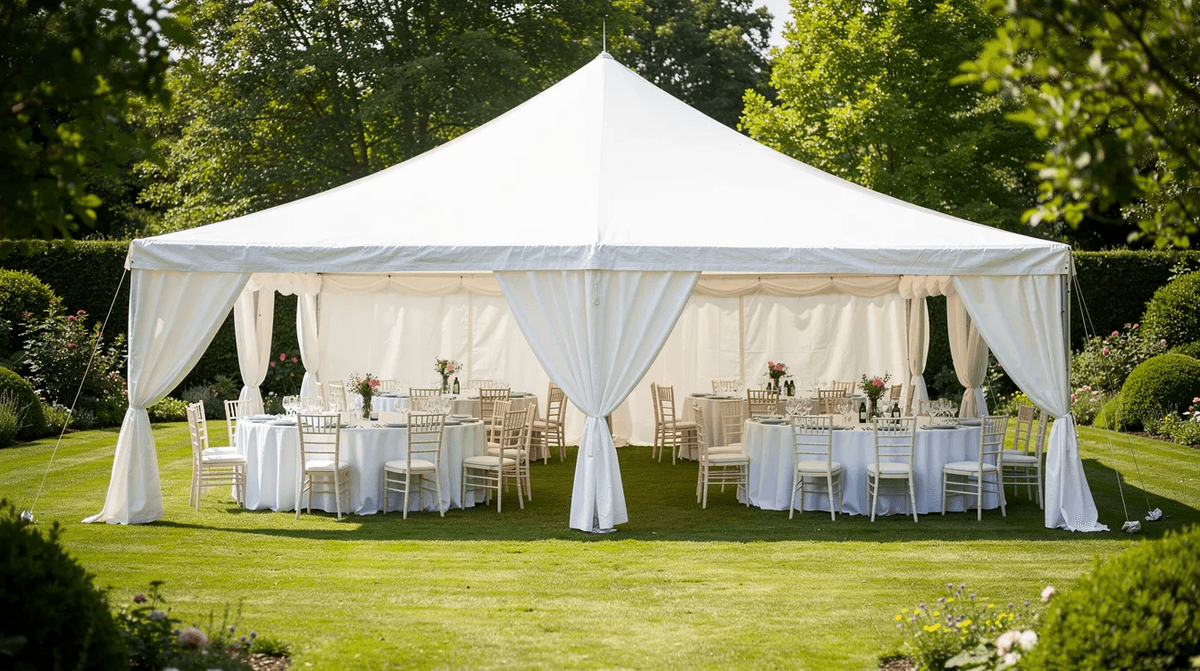 Une grande tente de réception blanche, également appelée barnum, est installée dans un jardin verdoyant, ornée de tables et de chaises soigneusement disposées à l'intérieur, prête à accueillir des invités pour un événement festif tel qu'un mariage ou un anniversaire. Cette structure offre un abri parfait contre le soleil et les intempéries, créant ainsi une ambiance agréable pour les convives.