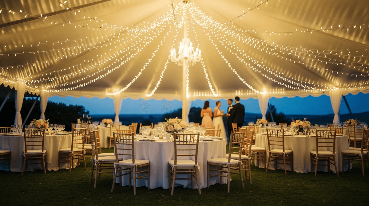 Une réception de mariage se déroule en extérieur sous un grand chapiteau blanc, décoré de guirlandes lumineuses, créant une ambiance festive pour les invités. Le barnum offre un abri contre le soleil et les intempéries, tout en étant un espace élégant pour célébrer cet événement spécial.