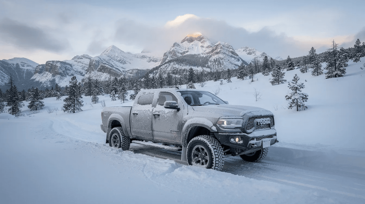 Un pick-up 4x4 est garé sur un chemin enneigé, entouré de majestueuses montagnes en arrière-plan, offrant un paysage idéal pour une aventure tout terrain. Ce véhicule robuste évoque la liberté et l'exploration dans des régions sauvages.