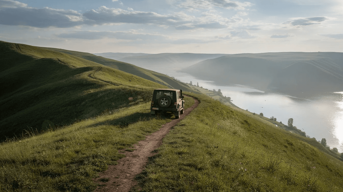 Un 4x4 tout terrain traverse un paysage de collines verdoyantes, avec une rivière qui serpente en contrebas, offrant une vue panoramique sur la nature environnante. Ce véhicule robuste, idéal pour l'aventure, symbolise la liberté d'explorer des régions variées.