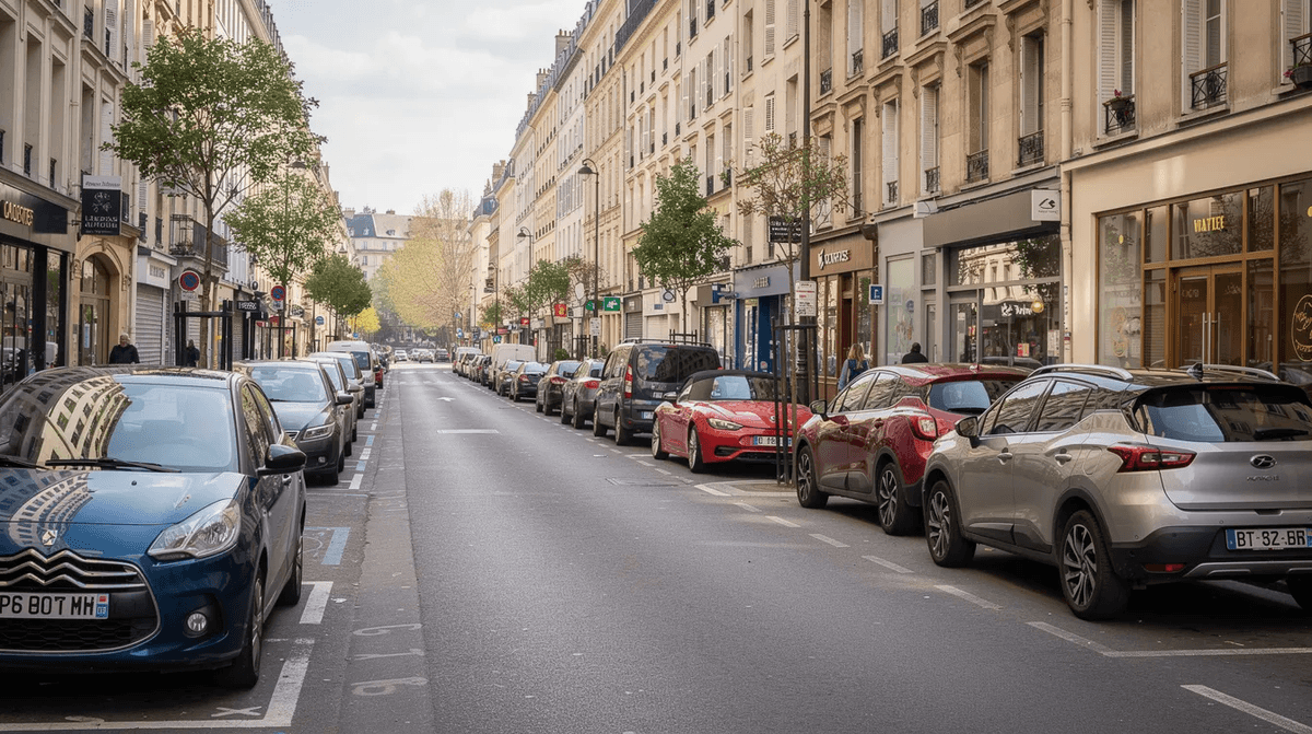 Une rue urbaine animée avec différents types de voitures garées le long du trottoir, allant des citadines aux SUV, illustrant les options de location de voiture à proximité pour répondre aux besoins variés des clients. Des panneaux indiquent des agences de location dans cette ville dynamique, offrant des solutions adaptées aux voyageurs.