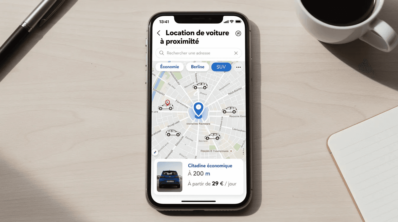 Application mobile affichant une carte de location de voiture avec offre à 29 €/jour.