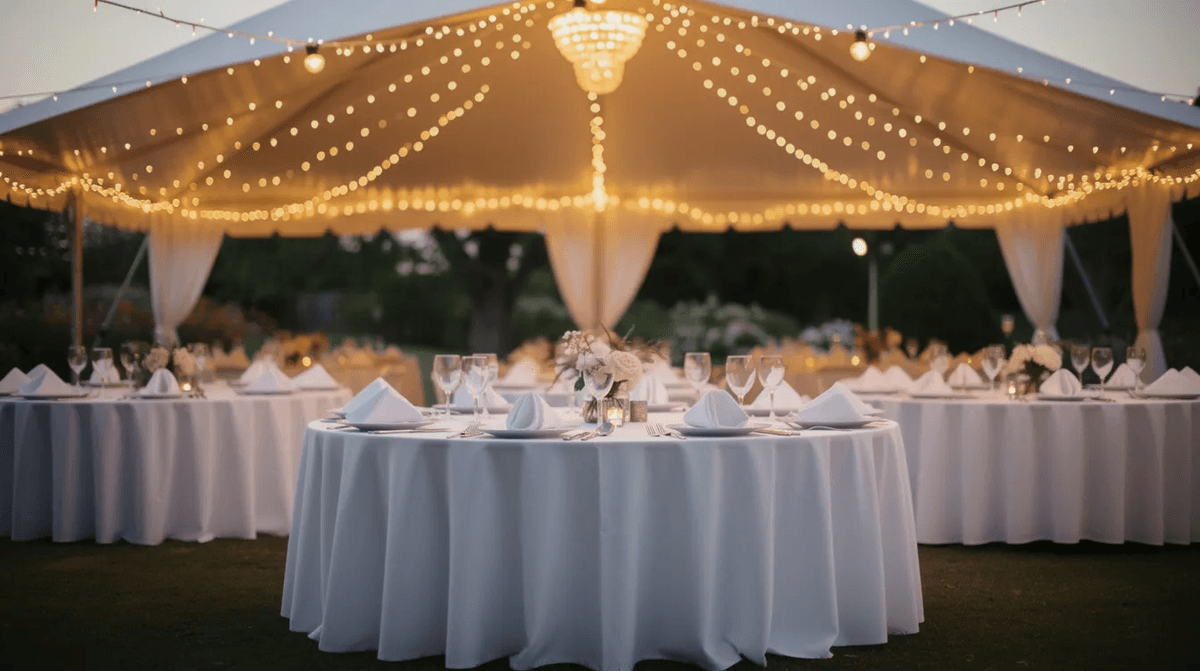Des tables rondes élégamment dressées sous une tente de réception en plein air, ornées de nappes blanches et de guirlandes lumineuses, créent une ambiance festive parfaite pour un événement. L'ensemble est soigneusement agencé pour accueillir des convives lors d'une soirée mémorable.