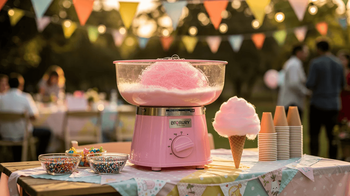 Une machine à barbe à papa rose est placée sur une table décorée, entourée de guirlandes colorées, lors d'une fête en plein air. L'ambiance festive est accentuée par la décoration et le matériel soigneusement disposé pour l'événement.