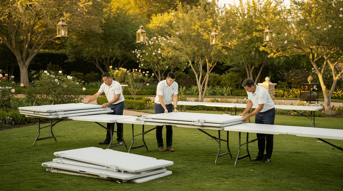 Une équipe s'affaire à installer des tables pliantes blanches dans un jardin, préparant ainsi un espace accueillant pour une réception extérieure. Des bancs et du matériel sont disposés autour, créant une ambiance festive pour l'événement à venir.