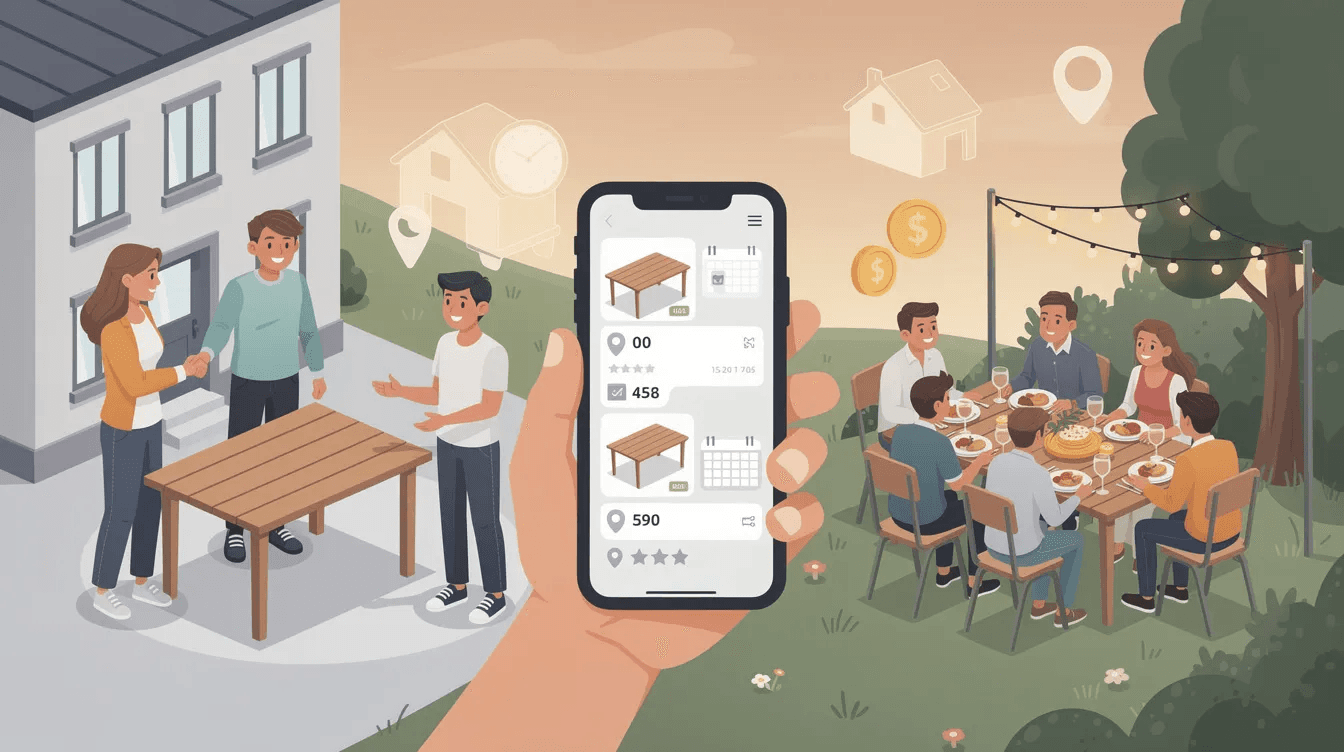 Application mobile de location de tables pour événements, entourée de convives en plein air.
