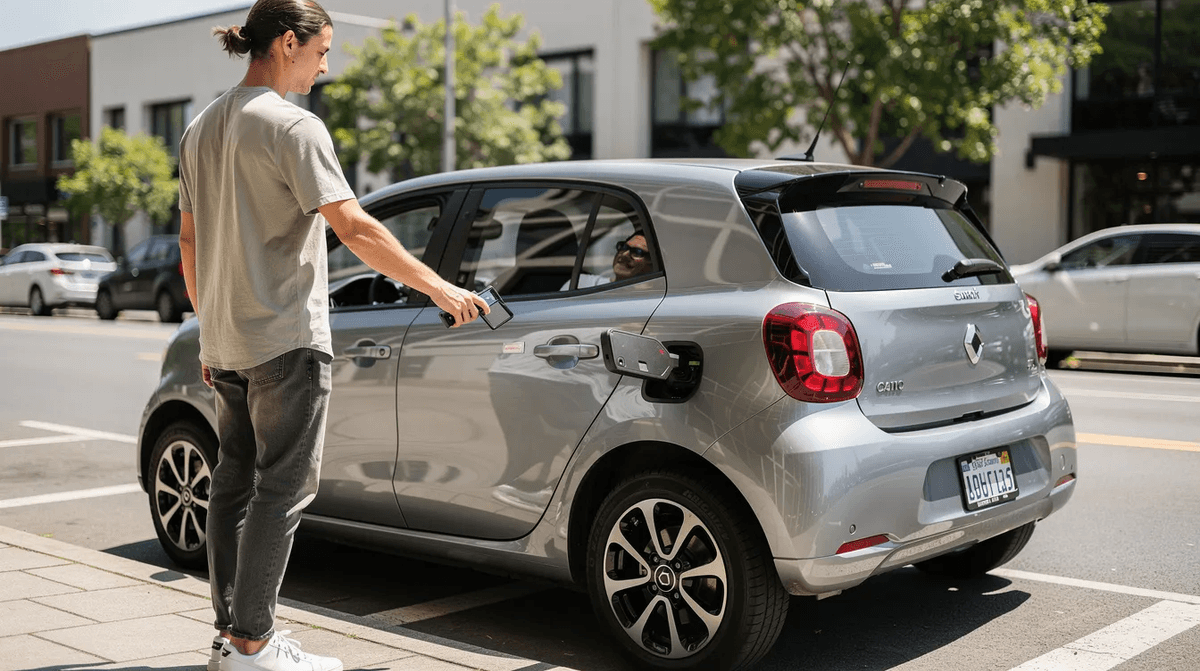 Une personne utilise son smartphone pour déverrouiller une voiture compacte dans une rue urbaine ensoleillée, illustrant le service de location de voiture Getaround. En arrière-plan, des bâtiments modernes et des arbres ajoutent une touche de vie à cette scène quotidienne.