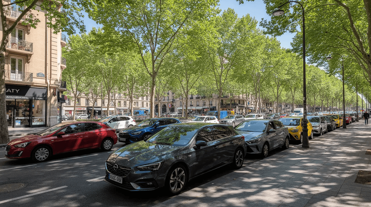 Une rangée de voitures de différentes couleurs est garée le long d'un boulevard urbain, où des arbres offrent de l'ombre. Ce décor évoque une ambiance dynamique de location de voiture, idéale pour les particuliers souhaitant explorer la ville.