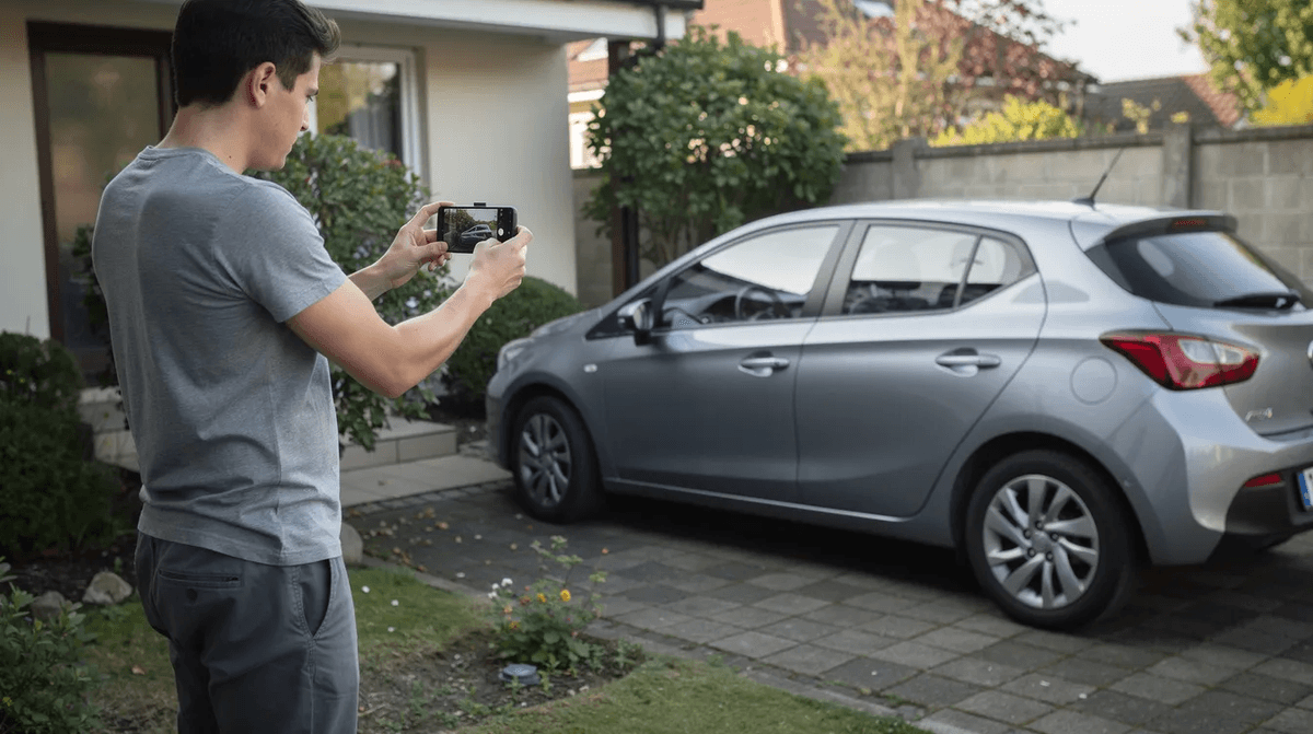 Une personne prend des photos de sa voiture garée dans une cour résidentielle, probablement pour créer une annonce en ligne sur une plateforme de location de voiture comme Getaround. L'image montre le véhicule bien en vue, prêt à être proposé aux particuliers intéressés par l'autopartage.