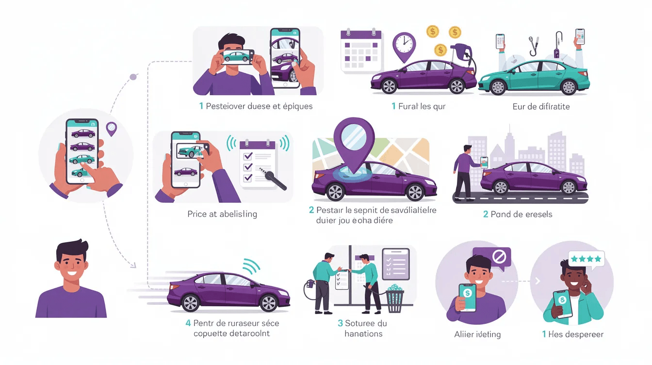 Infographie expliquant les étapes pour louer ou mettre en location une voiture via une application mobile.