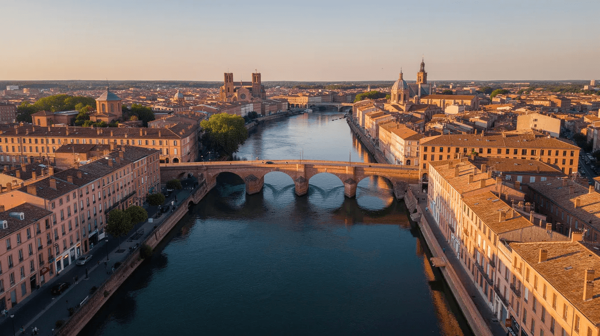 Vue aérienne de Toulouse, surnommée la "ville rose", mettant en valeur ses bâtiments en briques roses le long de la Garonne et le Pont Neuf. Cette image illustre le charme architectural de la ville, qui est un important centre pour la location de voitures et les visites touristiques.