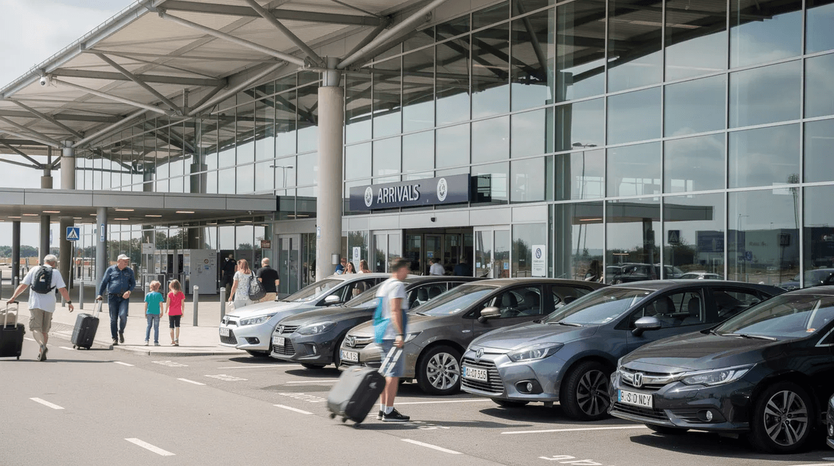 Des voitures de location sont garées devant un terminal d'aéroport moderne, tandis que des voyageurs se dirigent vers le hall d'arrivée. L'image évoque l'effervescence de l'aéroport de Toulouse Blagnac, un point névralgique pour la location de voitures dans la ville rose.