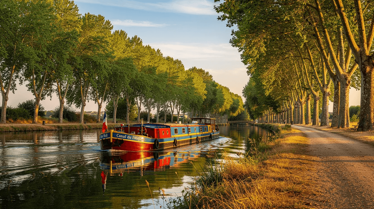 Une péniche colorée glisse paisiblement sur le Canal du Midi, entourée de grands platanes verdoyants en été, offrant une vue pittoresque typique de la région toulousaine. Ce paysage enchanteur évoque le patrimoine mondial de l'UNESCO et invite à découvrir la ville rose.