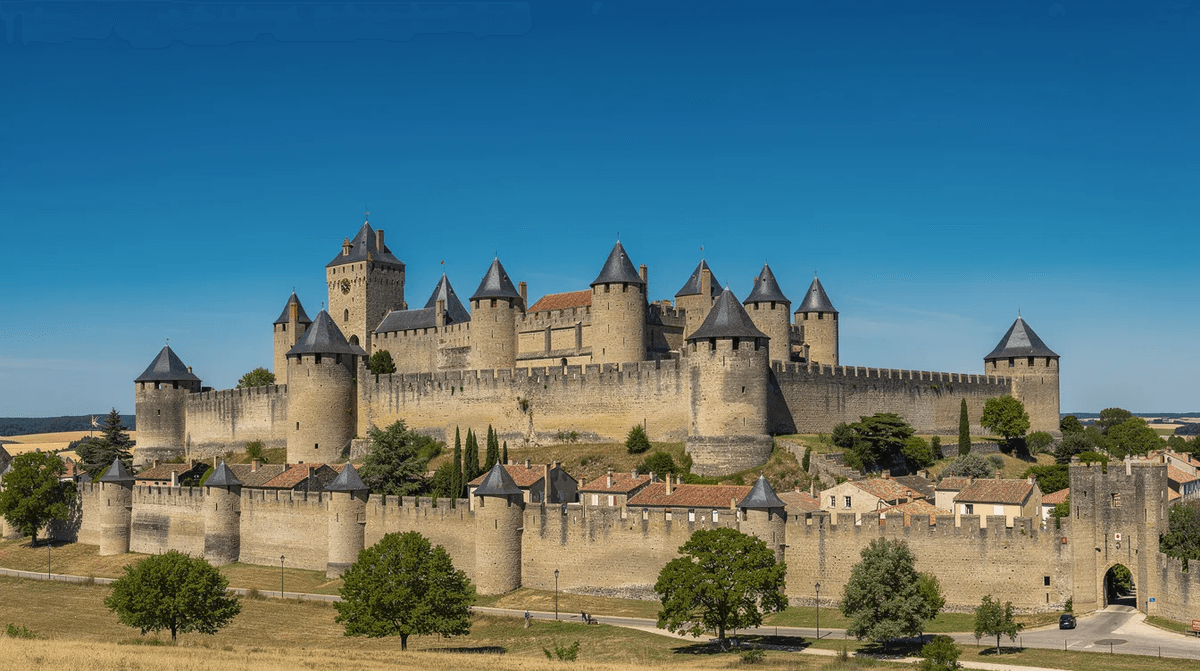 Une vue panoramique de la cité fortifiée de Carcassonne, mettant en avant ses tours et remparts majestueux sous un ciel bleu éclatant. Ce site classé au patrimoine mondial est une attraction incontournable du sud-ouest de la France, offrant un aperçu de l'architecture médiévale.