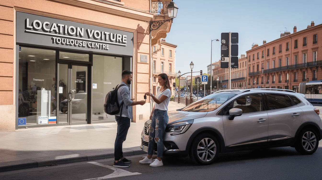 Remise de clés devant une agence de location voiture au centre-ville de Toulouse.