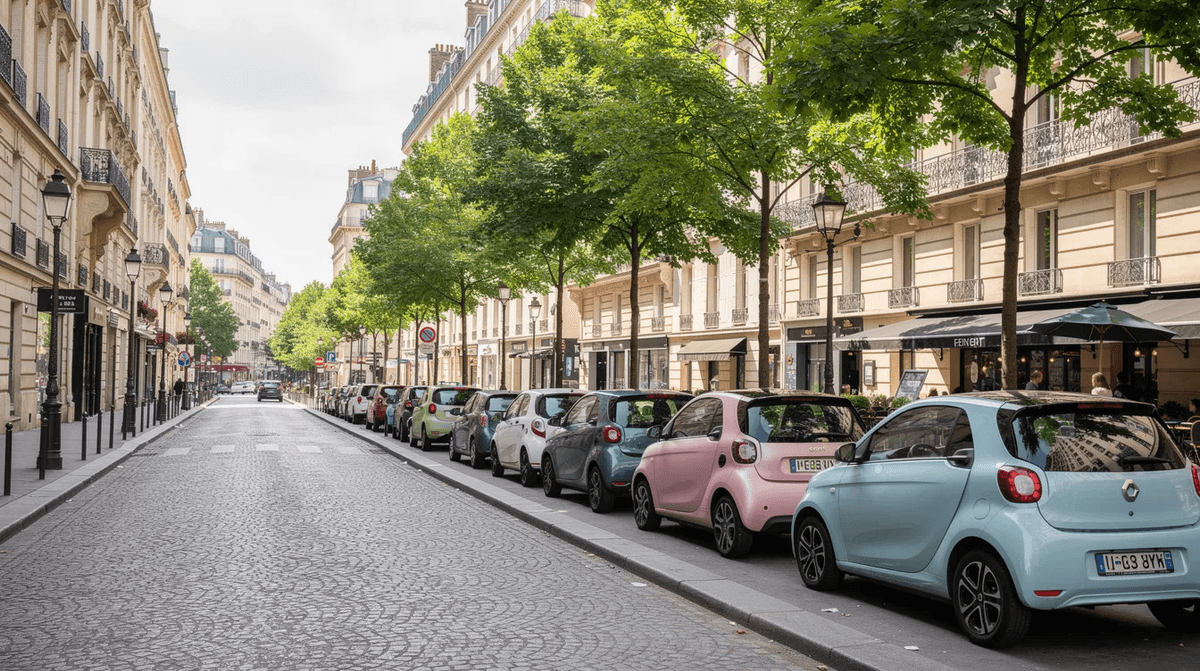 Une rue parisienne animée, ornée d'arbres, où se trouvent plusieurs petites voitures électriques, notamment des Renault Zoe et des Peugeot, garées le long du trottoir. Ces véhicules, disponibles en libre service, illustrent les solutions de mobilité et d'autopartage mises en place pour faciliter les déplacements dans la capitale.