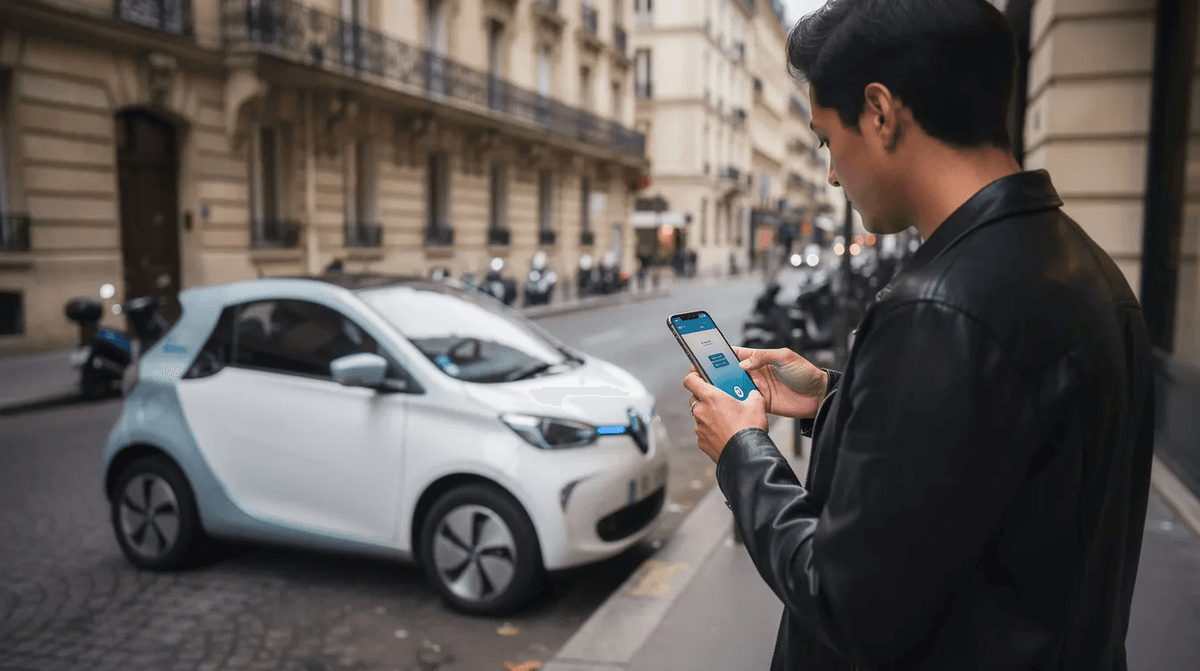 Une personne déverrouille une petite voiture électrique blanche, probablement une Renault Zoe, avec son smartphone dans une rue animée de Paris. Cette scène illustre l'utilisation du service d'autopartage qui facilite les déplacements en ville.