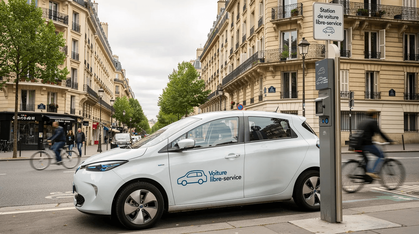 Renault Zoé en libre-service garée à une station d'autopartage parisienne, cyclistes en arrière-plan.