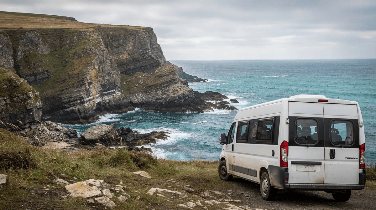 Un van aménagé blanc est garé face à la mer, offrant une vue magnifique sur une côte sauvage avec des falaises en arrière-plan. Cet espace évoque l'esprit d'un road trip en van, idéal pour des vacances en pleine nature.