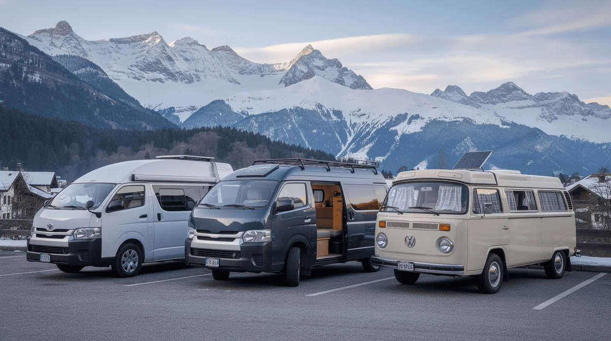 Trois vans aménagés de styles différents sont garés sur un parking, avec des montagnes enneigées en arrière-plan, évoquant l'esprit d'un road trip en France. Ces fourgons offrent une vue imprenable sur le paysage, symbolisant la liberté et l'aventure des vacances en plein air.